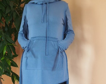 Blue Hooded Tunic Dress: Asymmetrical Cotton Sweatshirt