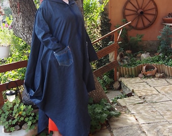 Plus Size Denimjacka med huva: Lång, lös kofta