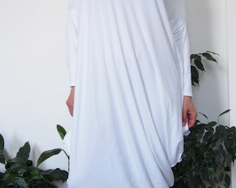 White Maxi Dress: Viscose Lycra Blend, Asymmetric Kaftan Tunic