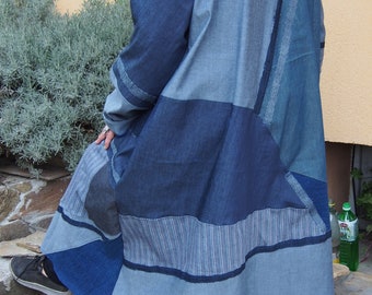 Patchwork Denim Long Coat: Plus Size Loose Cardigan