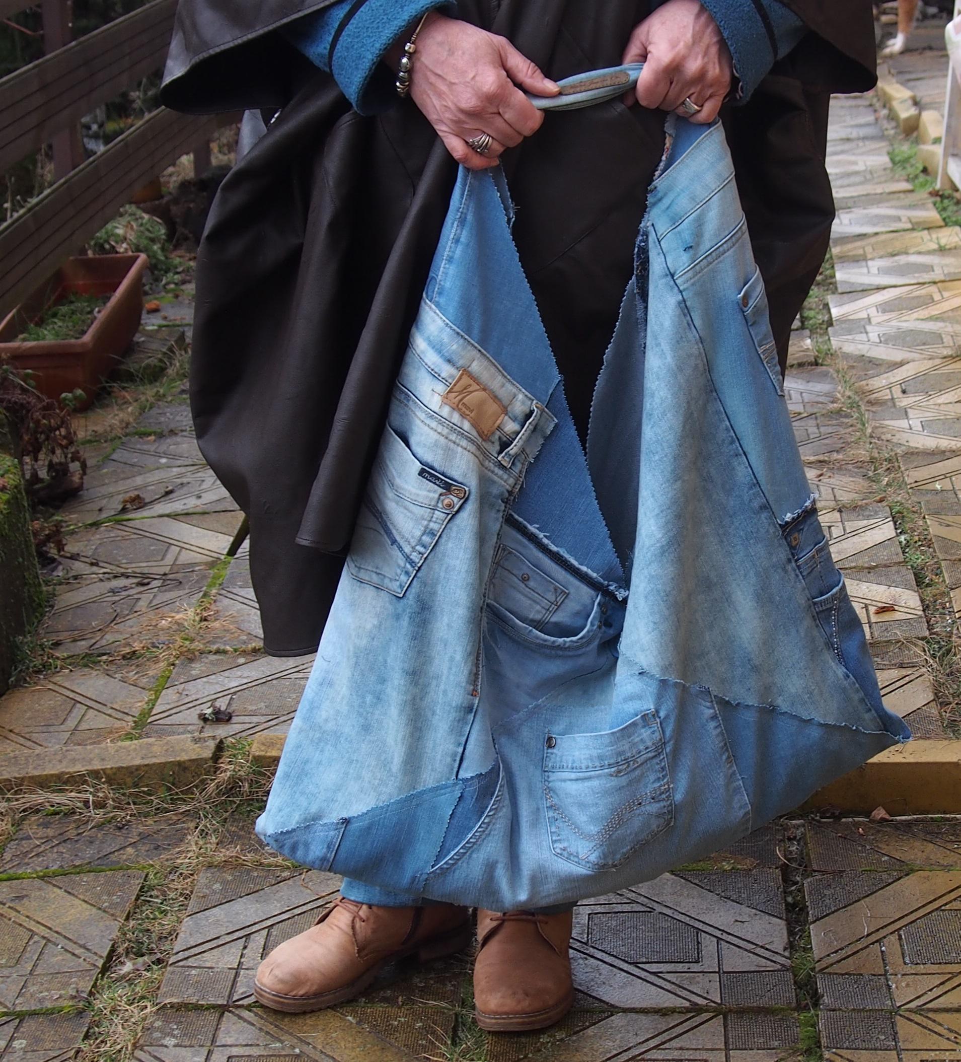 Big Denim Patchwork Triangle Tote Bag: Japanese Style Cotton