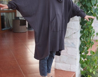 Knitted Oversized Cotton Tunic Dress: Asymmetric Polo Collar