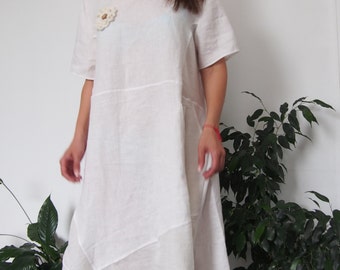 Asymmetric Linen Maxi Dress: Short Sleeve Loose Tunic