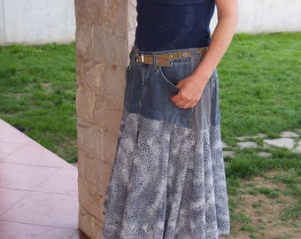 Patchwork Denim Maxi Skirt: Ripped Jeans & Chiffon, Recycled Fashion