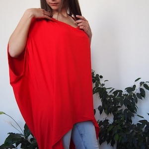 Red Oversized Jersey Tunic: Asymmetrical Plus Size Top
