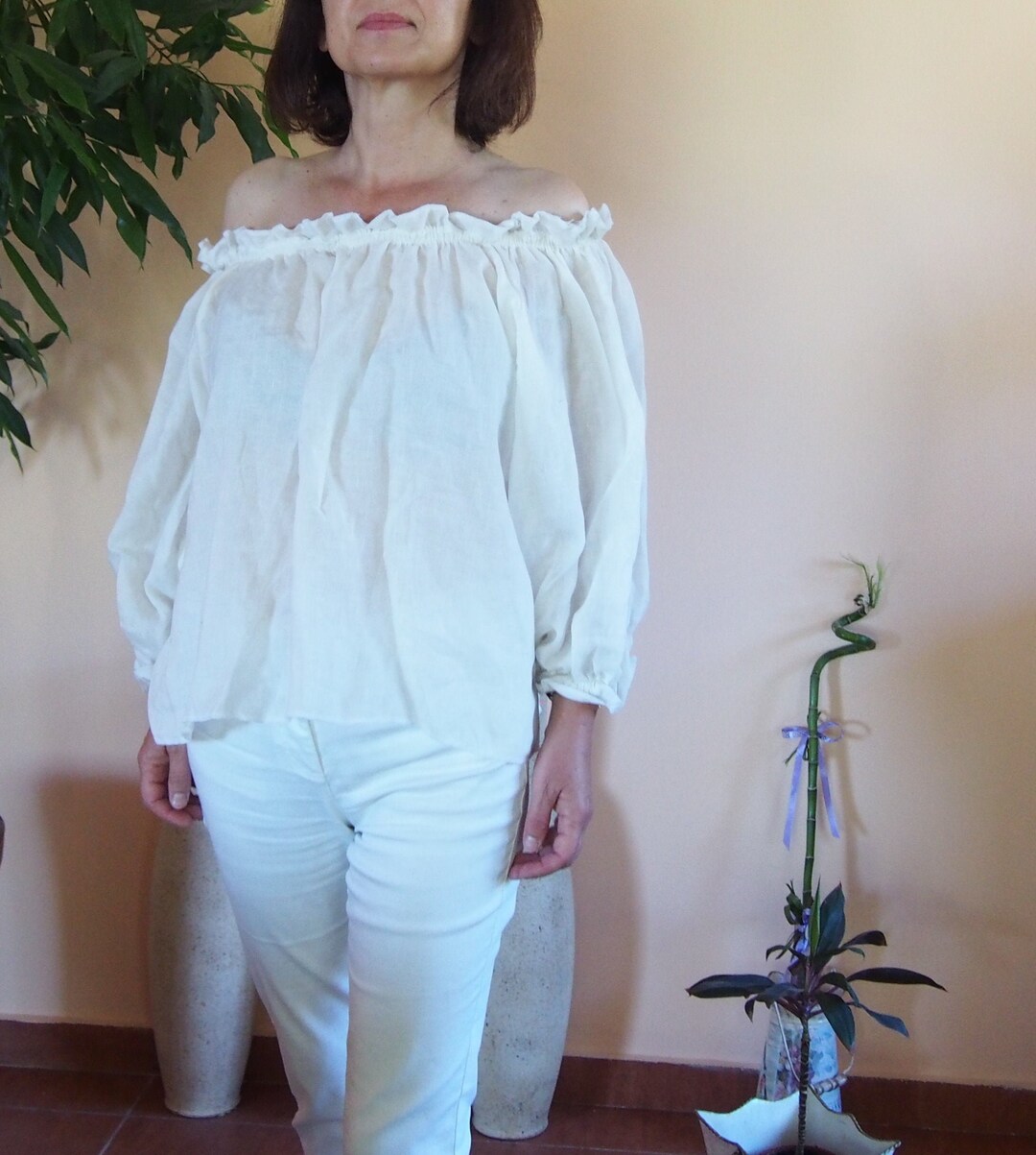 White Linen Top Loose Linen Blouse Plus Size Linen Tunic Etsy
