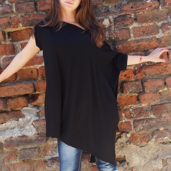 Asymmetrische Oversized Tunika Lange Tunika Kurzarm Jersey Tunika Top Lange Bluse & Nara TT026