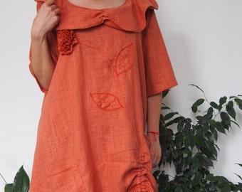 Floral Linen Tunic, Plus Size Linen Tunic, Women Tunic Dress, Oversize Linen, Avant Garde Linen Tunic, Burnt Orange Tunic Dress, Nara LT016