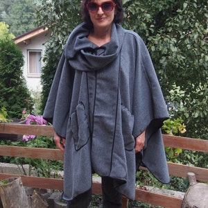 Warm Winter Poncho / Asymmetric Extravagant Poncho / Womens Grey  Poncho with Pockets   / Loose Maxi Top & Nara PCH006