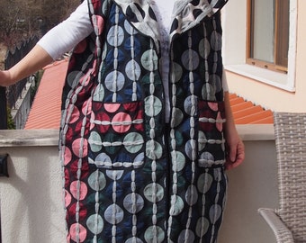 Double-Faced Saten/Cotton  Vest Vest with Pockets  Sleeveless Coat Long  Vest with a Hood Extravagant Maxi Vest Nara DE008