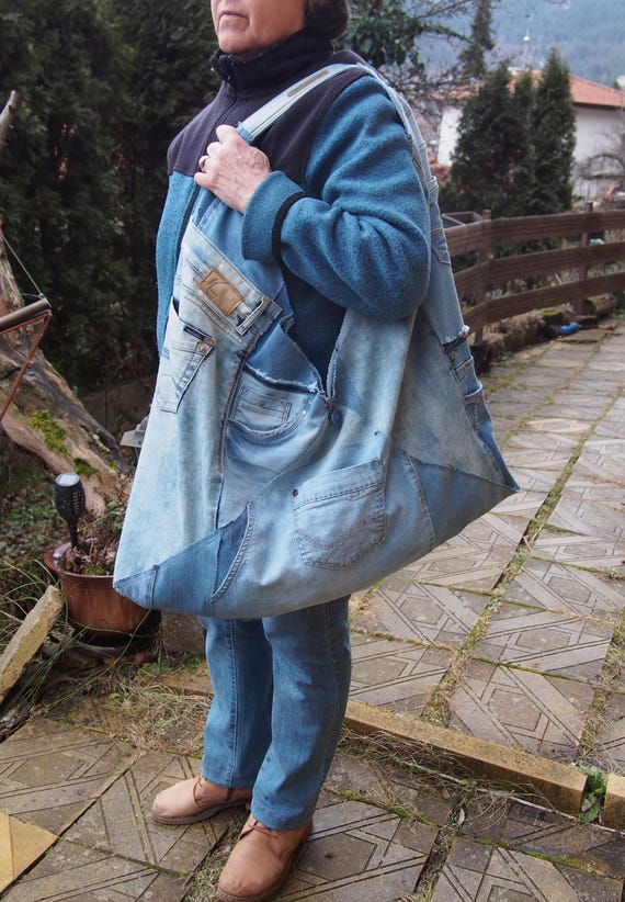 Big Denim Patchwork Triangle Tote Bag: Japanese Style Cotton