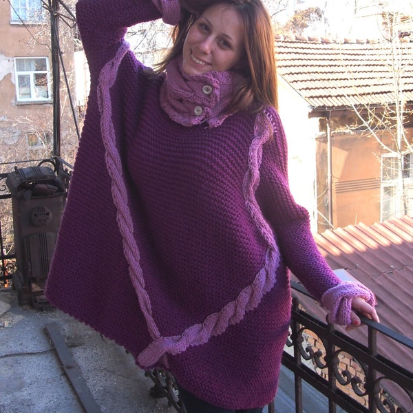 Handmade Over sized Purple Sweater Dolman Sleeve Wool Sweater with Shawl & Nara PP015