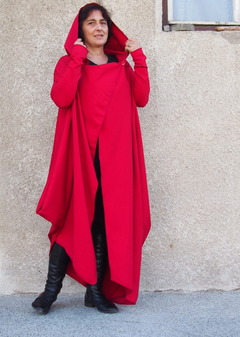 Cárdigan maxi rojo, cárdigan con capucha, abrigo de algodón rojo, sudadera con capucha maxi para mujer, sudadera con capucha deconstruida, abrigo asimétrico, chaqueta kimono, Nara GIL032 imagen 7