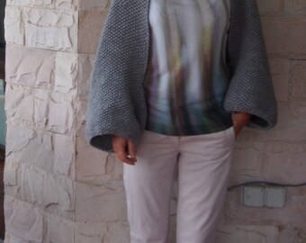 Oversized Knit Wool Cardigan - Wide Sleeve Open Cardigan