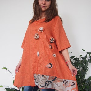 Plus Size Orange Linen Tunic Top: Floral Applique, Loose Fit