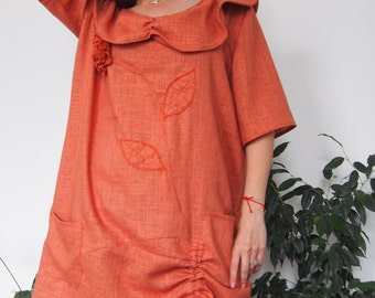 Floral Linen Tunic Dress: Burnt Orange, Plus Size, Avant Garde
