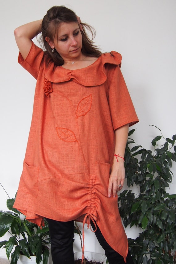burnt orange tunic dress Floral Linen Tunic Dress: Burnt Orange, Plus Size, Avant Garde