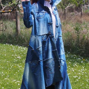 Unique Asymmetrical Upcycled Denim Patchwork Coat Ripped Jean Cape