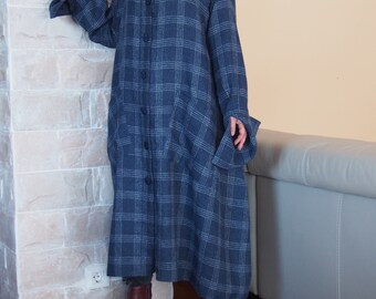 Loose Plaid Linen Duster Coat: Plus Size Blue Cloak