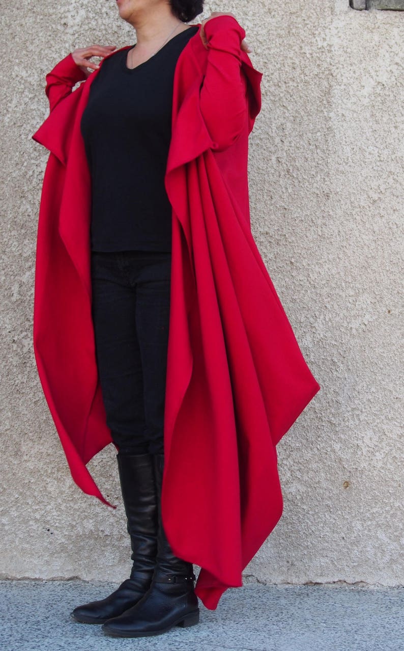 Cárdigan maxi rojo, cárdigan con capucha, abrigo de algodón rojo, sudadera con capucha maxi para mujer, sudadera con capucha deconstruida, abrigo asimétrico, chaqueta kimono, Nara GIL032 imagen 3