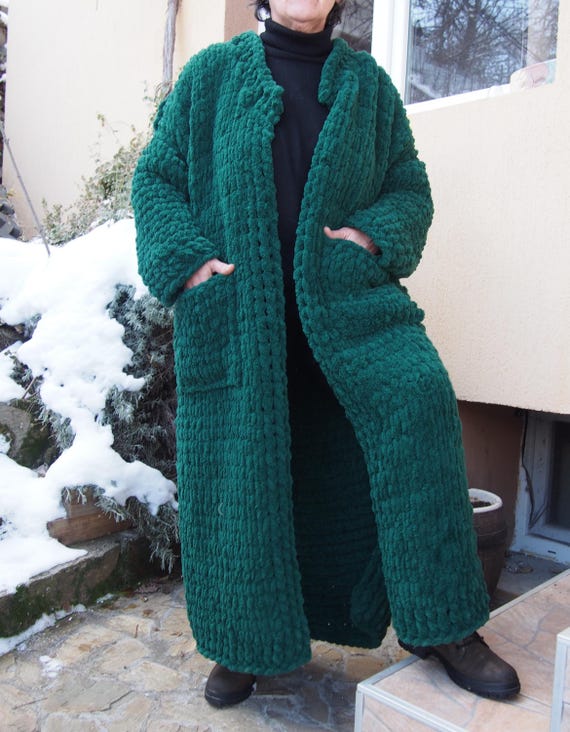 Green Chunky Knit Cardigan: Handmade Oversized Micropolyester Coat