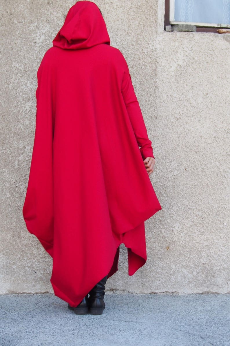 Cárdigan maxi rojo, cárdigan con capucha, abrigo de algodón rojo, sudadera con capucha maxi para mujer, sudadera con capucha deconstruida, abrigo asimétrico, chaqueta kimono, Nara GIL032 imagen 5