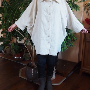 Ecru Linen Maxi Tunic Top: Oversized Pleated Shirt