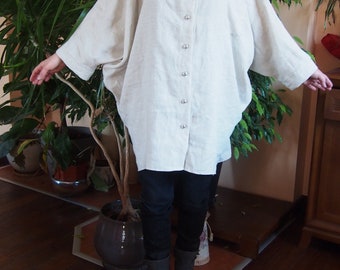 Ecru Linen Maxi Tunic Top: Oversized Pleated Shirt