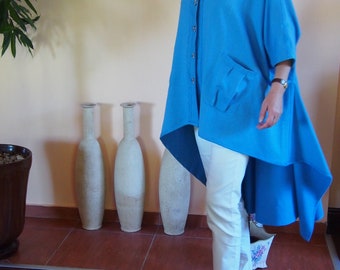 Blue Cotton Tunic/ Extravagant Asymmetric Cardigan / Loose Top / Plus Size Coat & Nara GIL037
