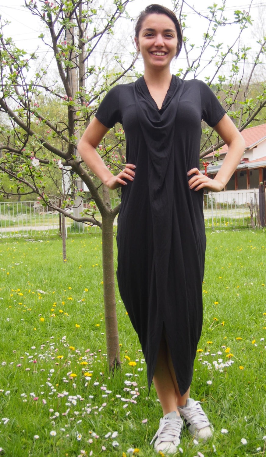 baggy jersey dress Black Jersey Maxi Dress: Loose Long Tunic