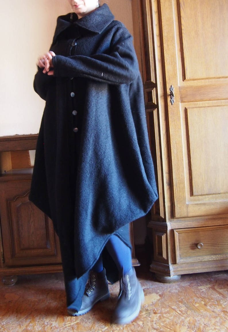 Black Wool Coat Аsymmetric Coat Plus Size Long Coat Wool - Etsy