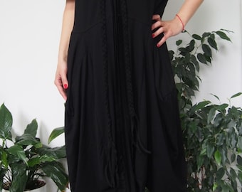 oversized cocoon dress Black Cotton Cocoon Dress: Oversized Long Sleeve Tunic