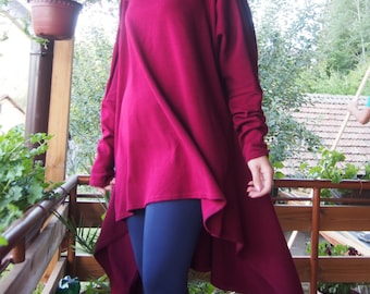 Asymmetric Knitted Cotton Tunic: Oversized Long Sleeve Turtleneck