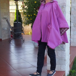 Hooded Raincoat Poncho: Purple Waterproof Nylon, Check Lined