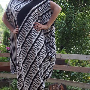 Striped Viscose Maxi Dress: Asymmetric Oversized Kaftan Tunic