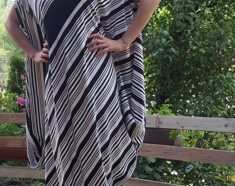Striped Viscose Maxi Dress: Asymmetric Oversized Kaftan Tunic