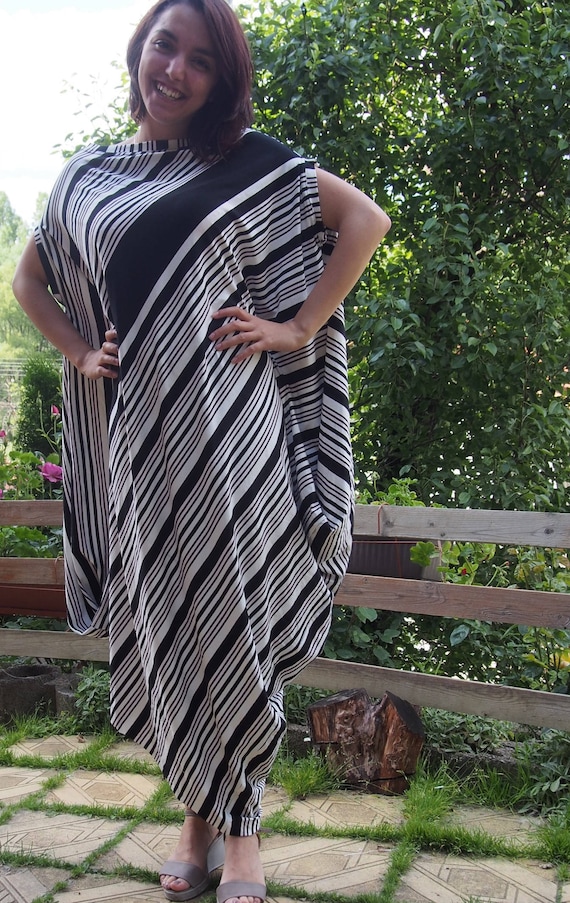 Striped Viscose Maxi Dress: Asymmetric Oversized Kaftan Tunic