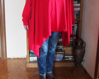 Túnica asimétrica roja: Top de jersey de manga larga extragrande