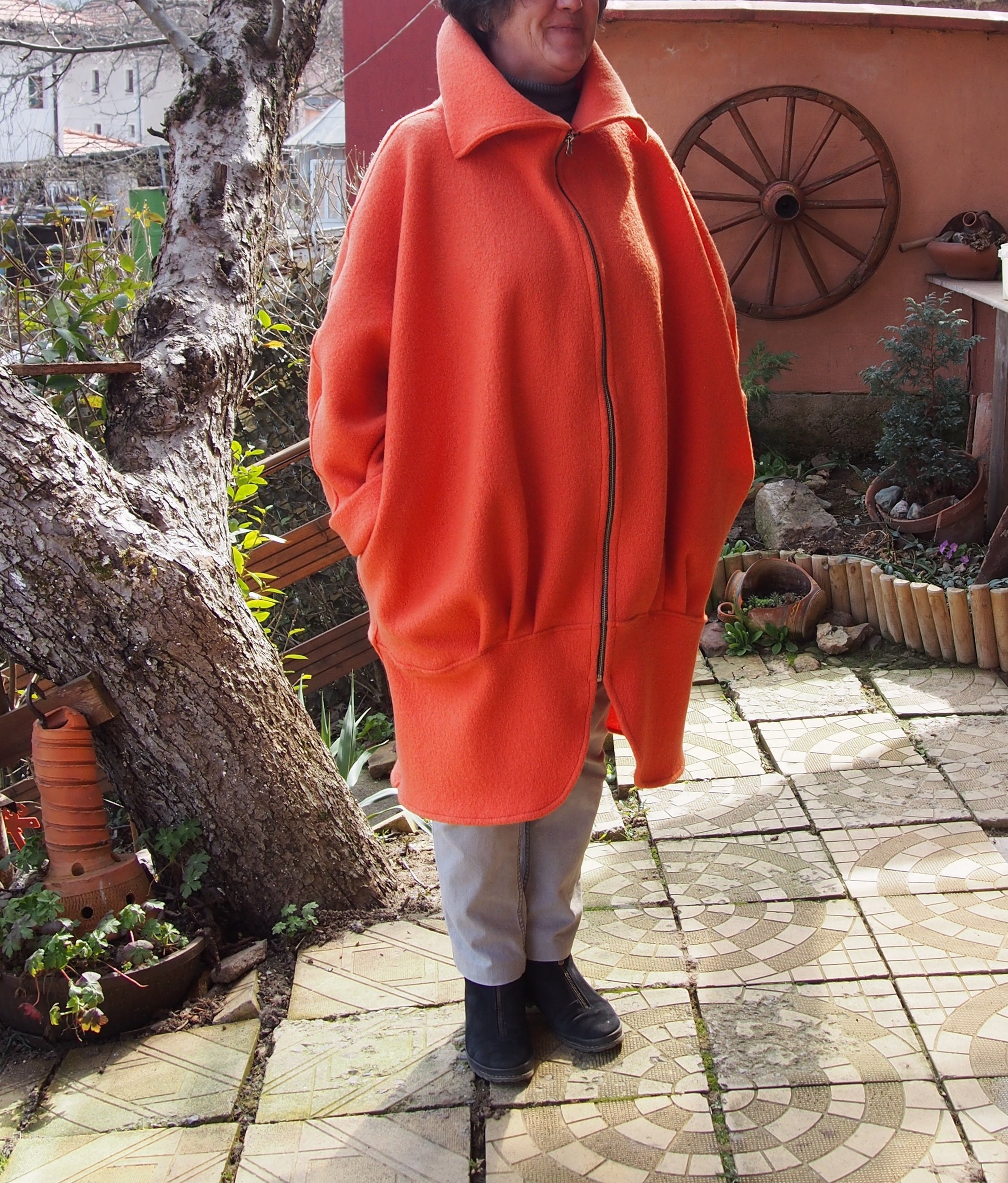 Orange Extravagant Coat, Women Wool Coat, Trendy Plus Size Coat