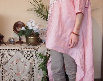 Asymmetric Linen Tunic Dress: Oversize Floral Maxi Tunic