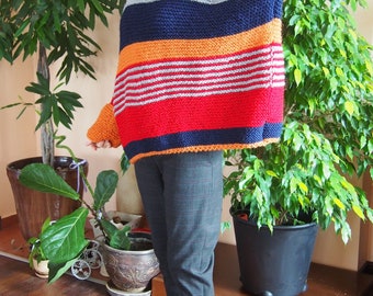 Suéter de lana a rayas de gran tamaño tejido a mano: jersey de punto de invierno para mujer