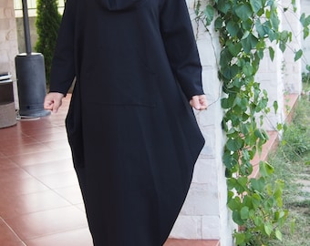 Black Cotton Kaftan Maxi Dress: Plus Size Long Sleeve Oversized Dress
