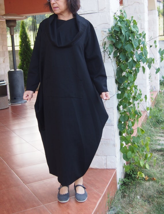 black cotton maxi dress plus size Black Long Sleeve Maxi Dress | Full Coverage
