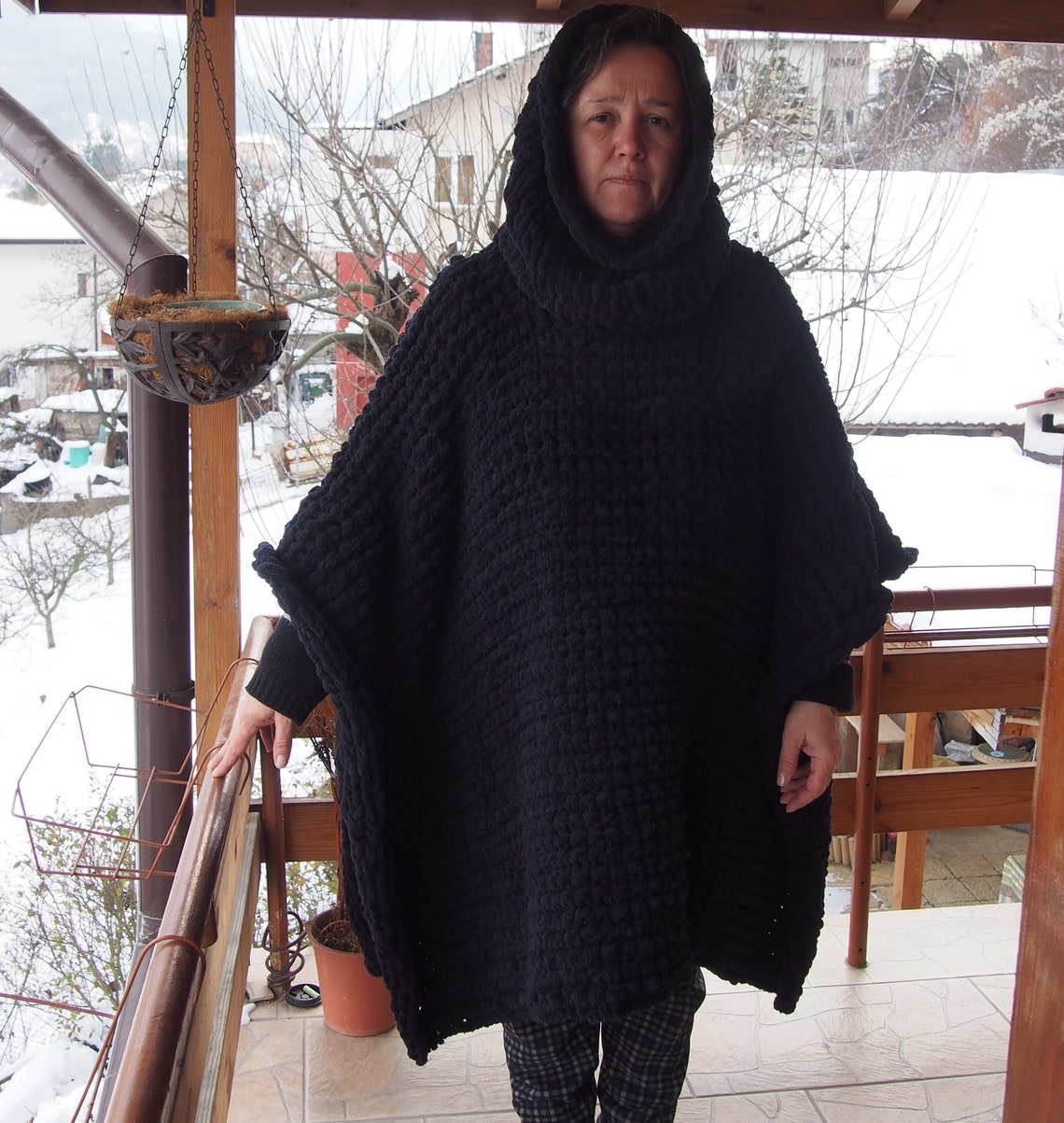 Black Chunky Knit Poncho Hooded Knit Poncho Bulky Knit Etsy