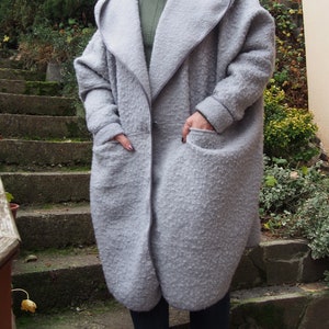Grey Wool Knitted Coat, Wool Poncho Coat, Plus Size Clothing, Oversized Coat with a Hood  Nara KP047