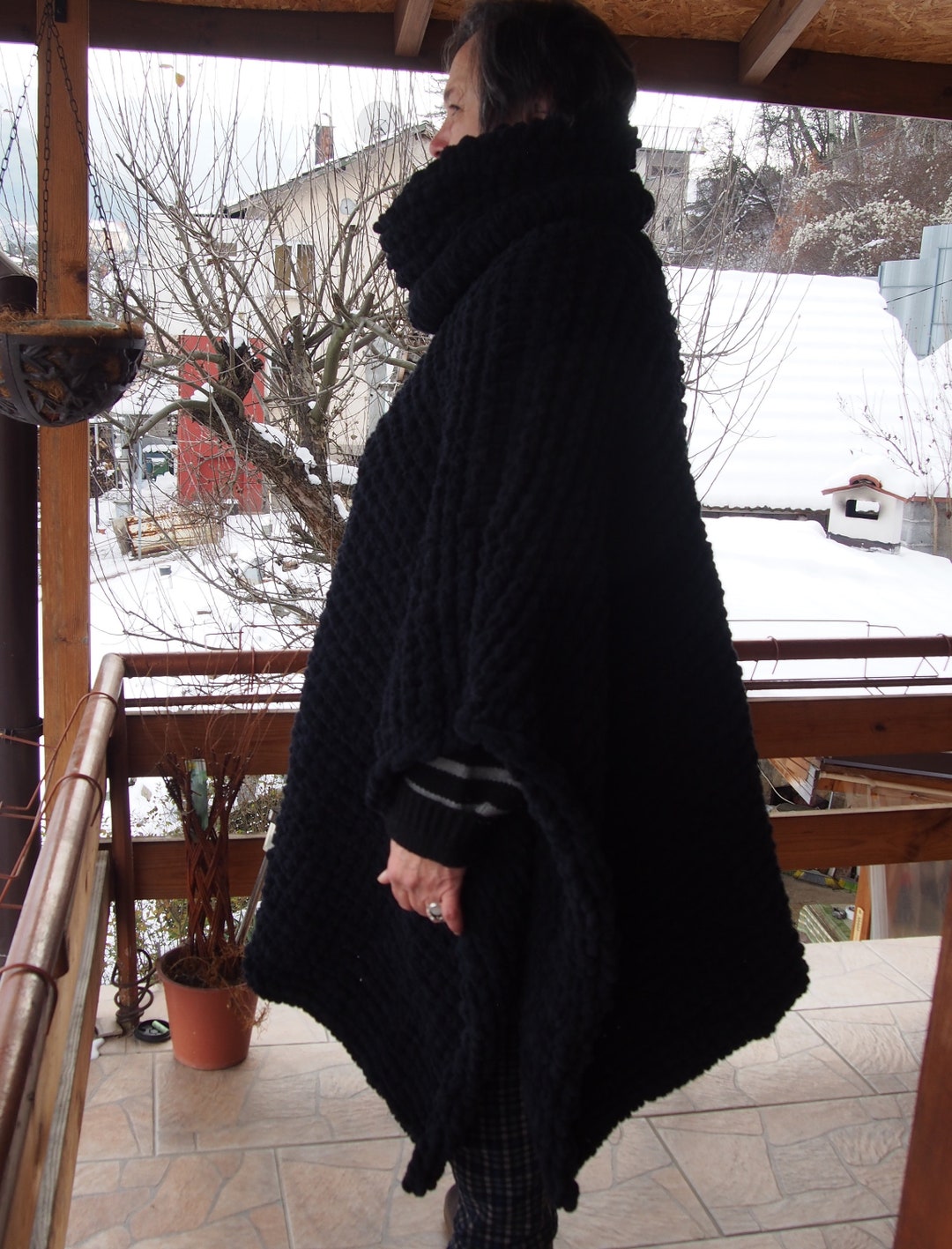 Black Chunky Knit Poncho Hooded Knit Poncho Bulky Knit Poncho