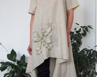 Asymmetric Over-Sized Tunic Long Tunic Short Sleeve Linen Tunic Top Long Blouse Floral Motiv & Nara LT014