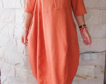 Orange Maxi Dress, Kaftan Linen Dress, Plus Size Linen Dress, Shirt Linen Dress, Summer Clothing, Loose Linen Dress, Long Sleeves,Nara LR023