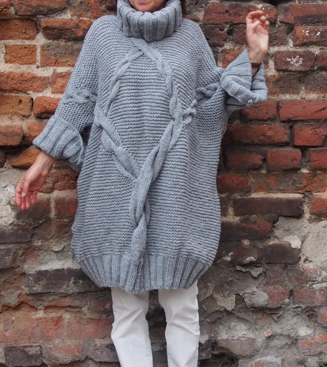 Plaid Turtleneck Dolman Sleeve Poncho