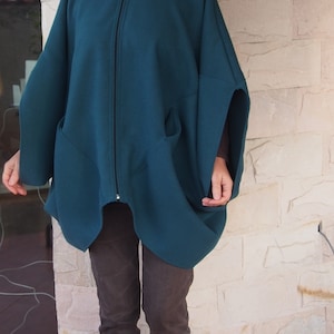 Hooded Cashmere Poncho Coat: Asymmetrical Green Quilted Winter Coat